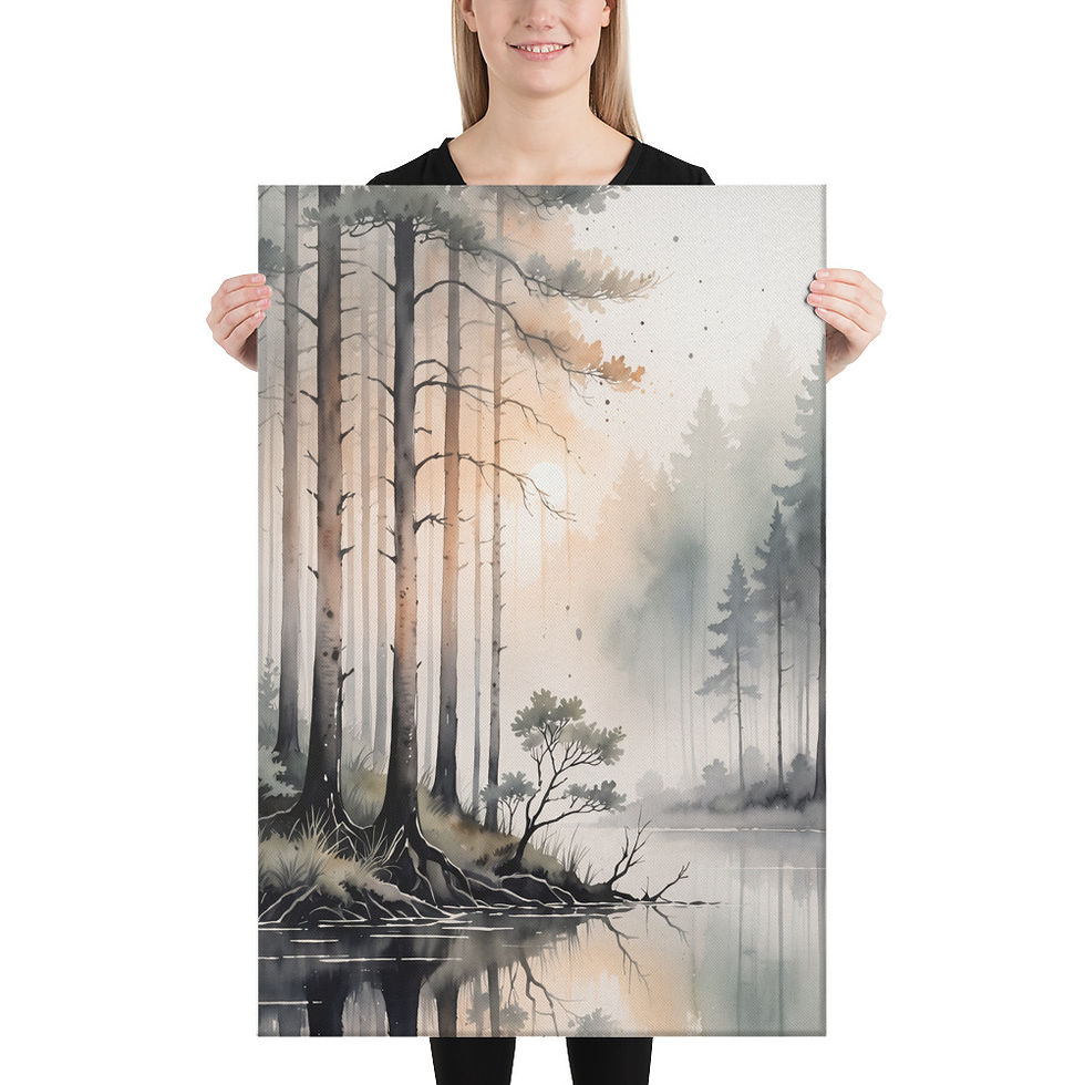 Thumbnail: Misty Pine Shore Canvas | Tranquil Forest Lake Wall Art