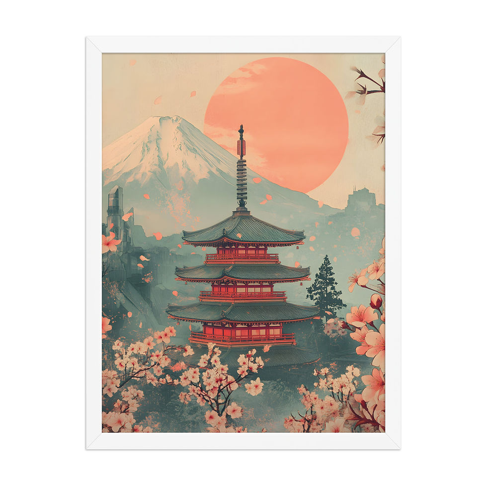 Thumbnail: Framed poster of Fuji and Sun, a pagoda with cherry blossoms and a mountain in the background, in a black matte frame.