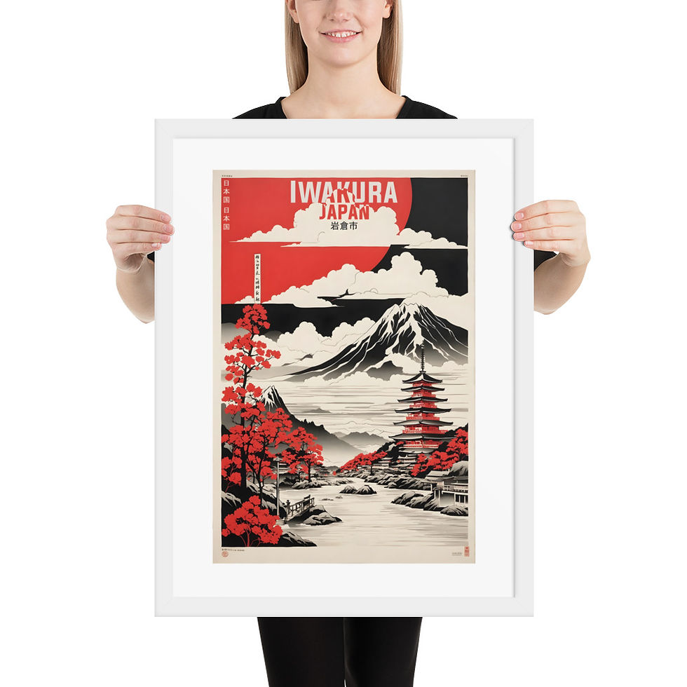 Thumbnail: Iwakura Japan travel poster, framed in black, featuring red and white Japanese landscape with pagoda, mountain, and trees, a beautiful framed wall art piece.
