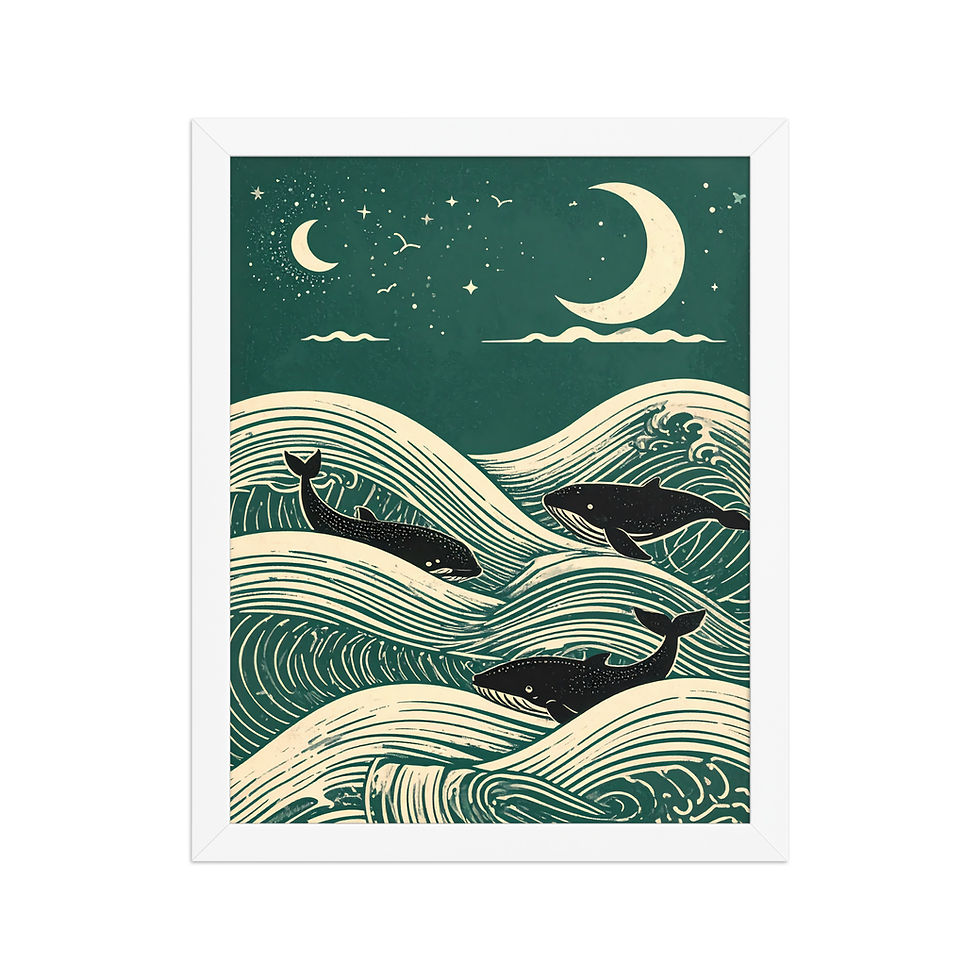 Thumbnail: Framed Linocut Whale and Waves Wall Art, featuring a black frame with a green and cream-colored illustration of whales swimming in wavy ocean.