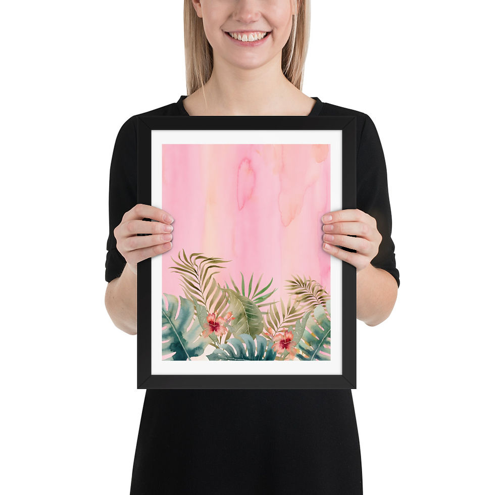 Thumbnail: Tropical Flora on Pink framed poster, Frameifi, framed wall art with black frame, pink background and green leaves, framed art, wall art.