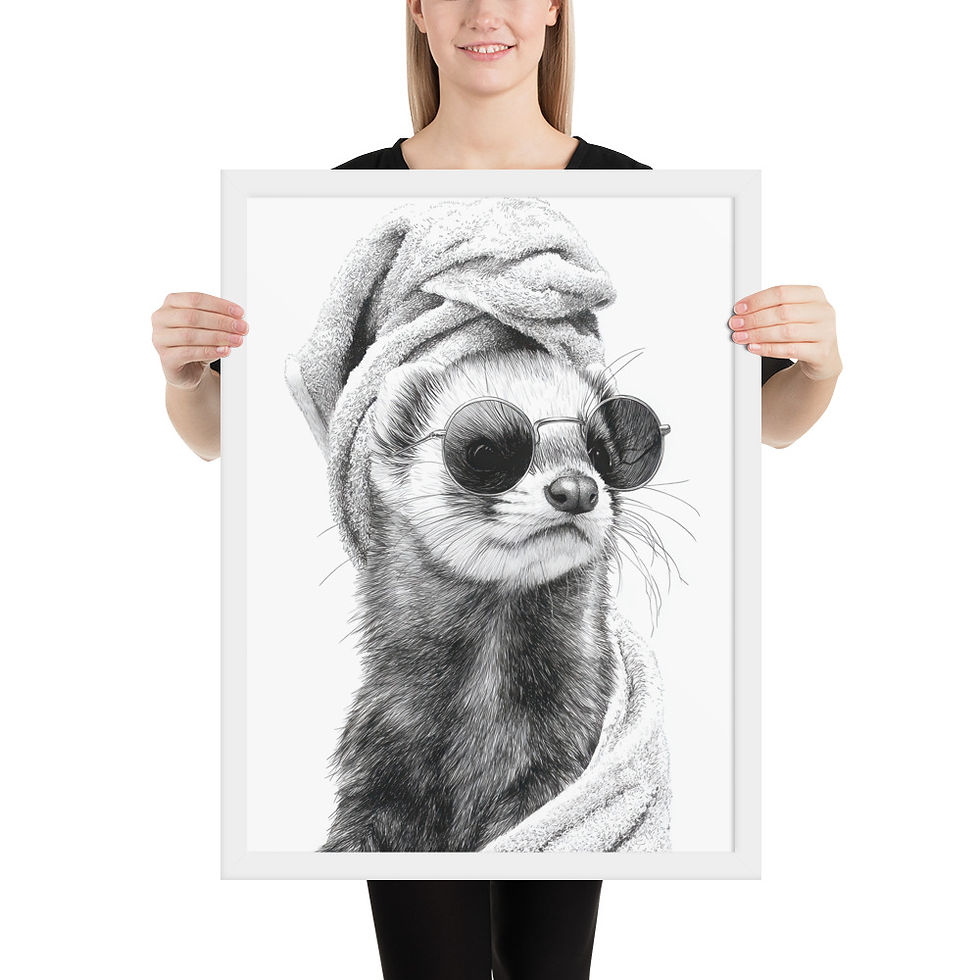 Thumbnail: Funny Animals framed wall art print with a towel on its head and sunglasses, in a black matte frame.