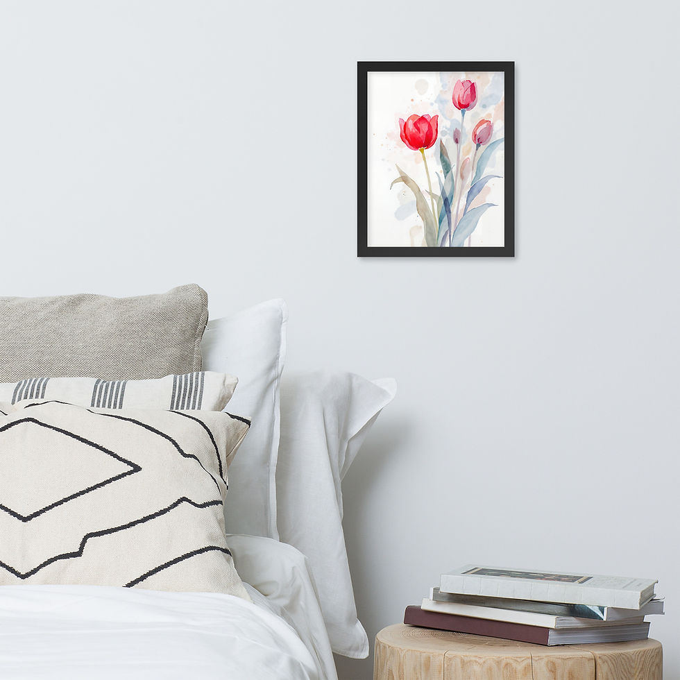 Thumbnail: Frameifi Watercolor Tulip Art Print, framed wall art featuring pink and red tulips, floral botanical wall decor in a black frame.