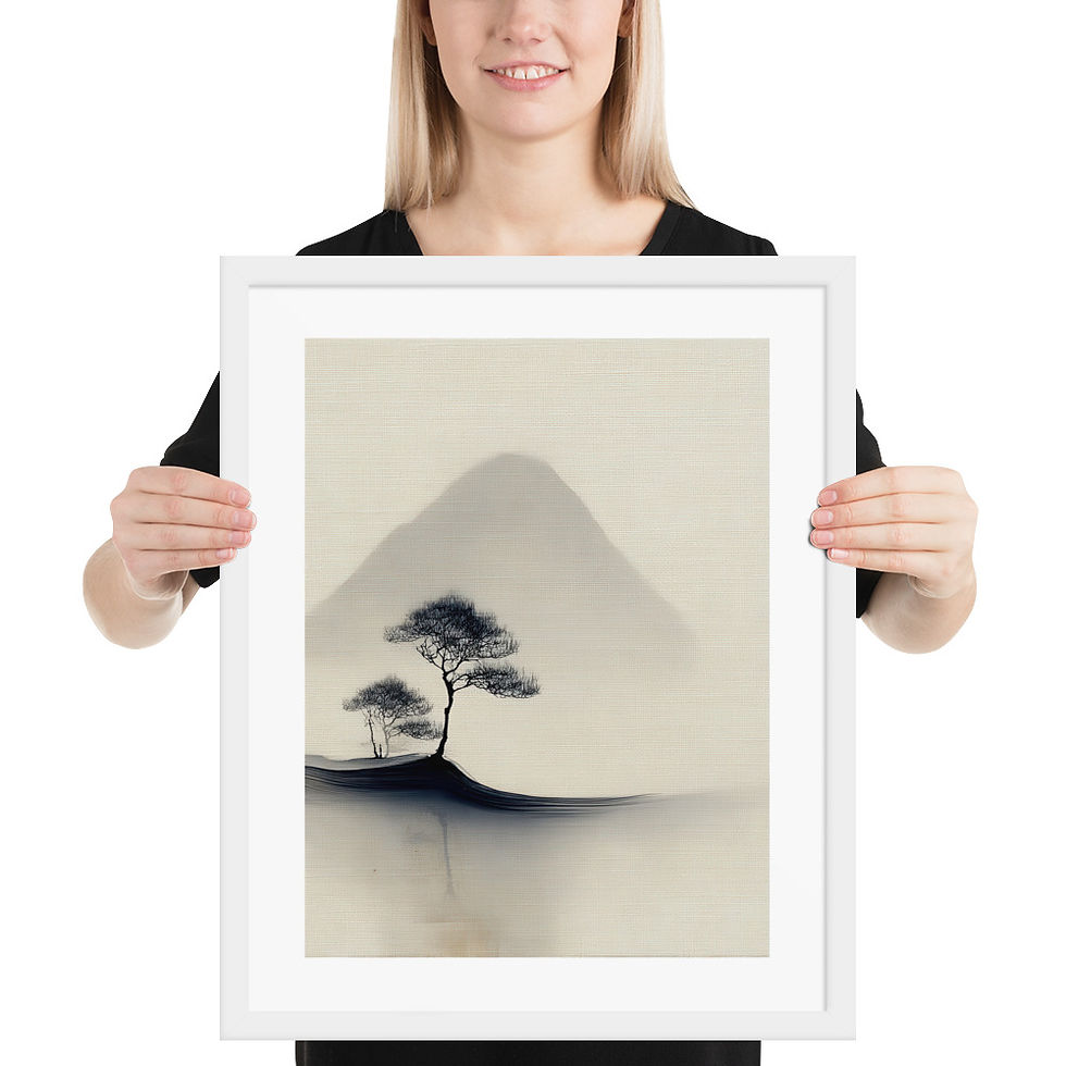 Thumbnail: Japandi Silhouette of Tree and Mountain  in Sumi-e Inspired Ink Wash Print