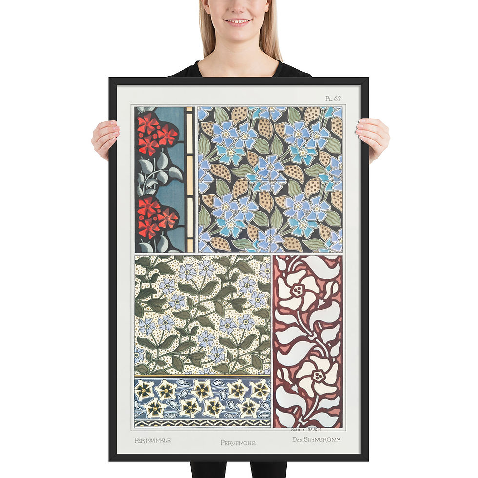 Thumbnail: Periwinkle Patterns – Eugène Grasset framed art print, Frameifi, framed wall art, featuring intricate periwinkle designs in a black frame.