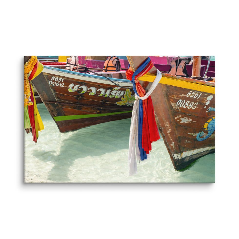 Framed art, wall art, framed wall art, framed poster of colorful Thai longtail boats with vibrant ribbons on a tropical shoreline.
