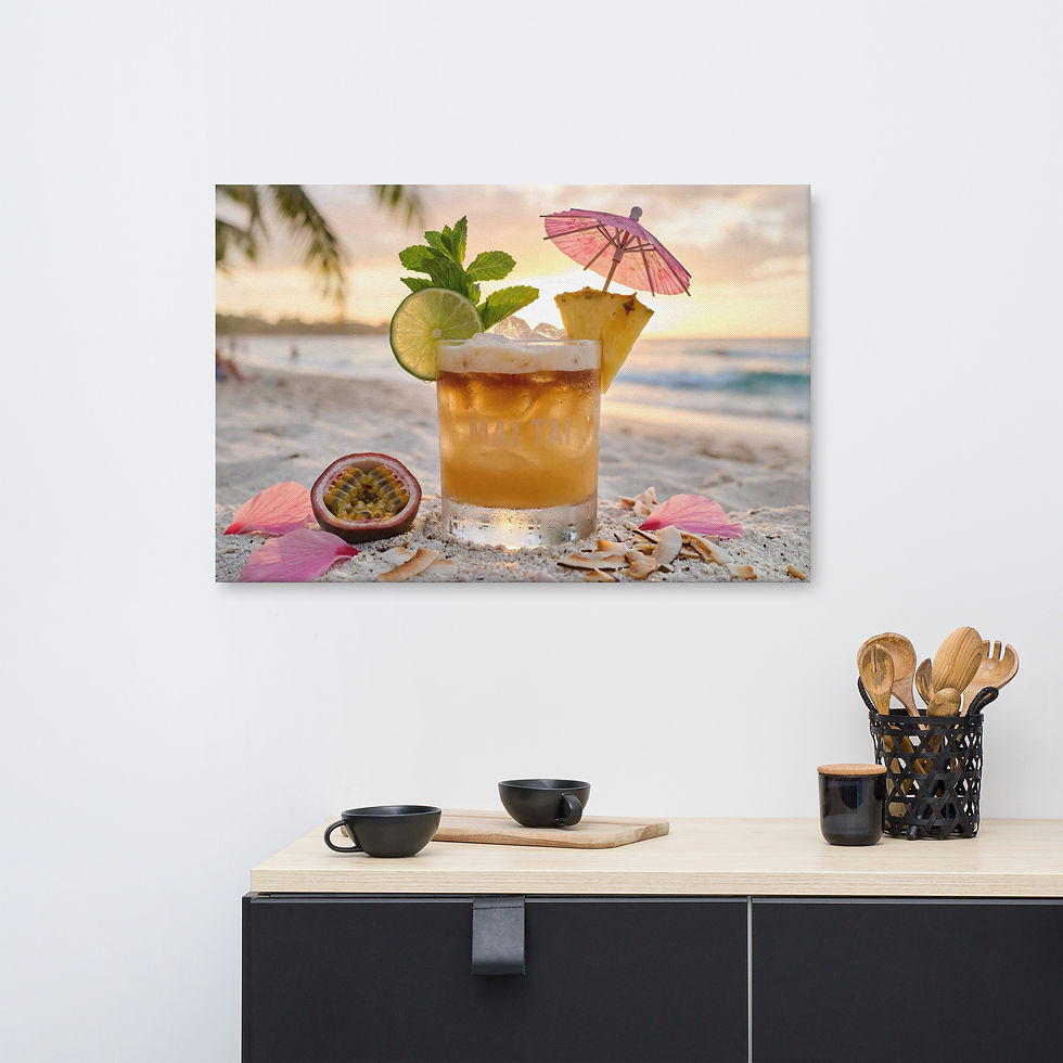 Thumbnail: Tropical Cocktail Canvas Print by Frameifi, framed wall art featuring a Mai Tai cocktail on a beach at sunset, with framed art for home bar decor.