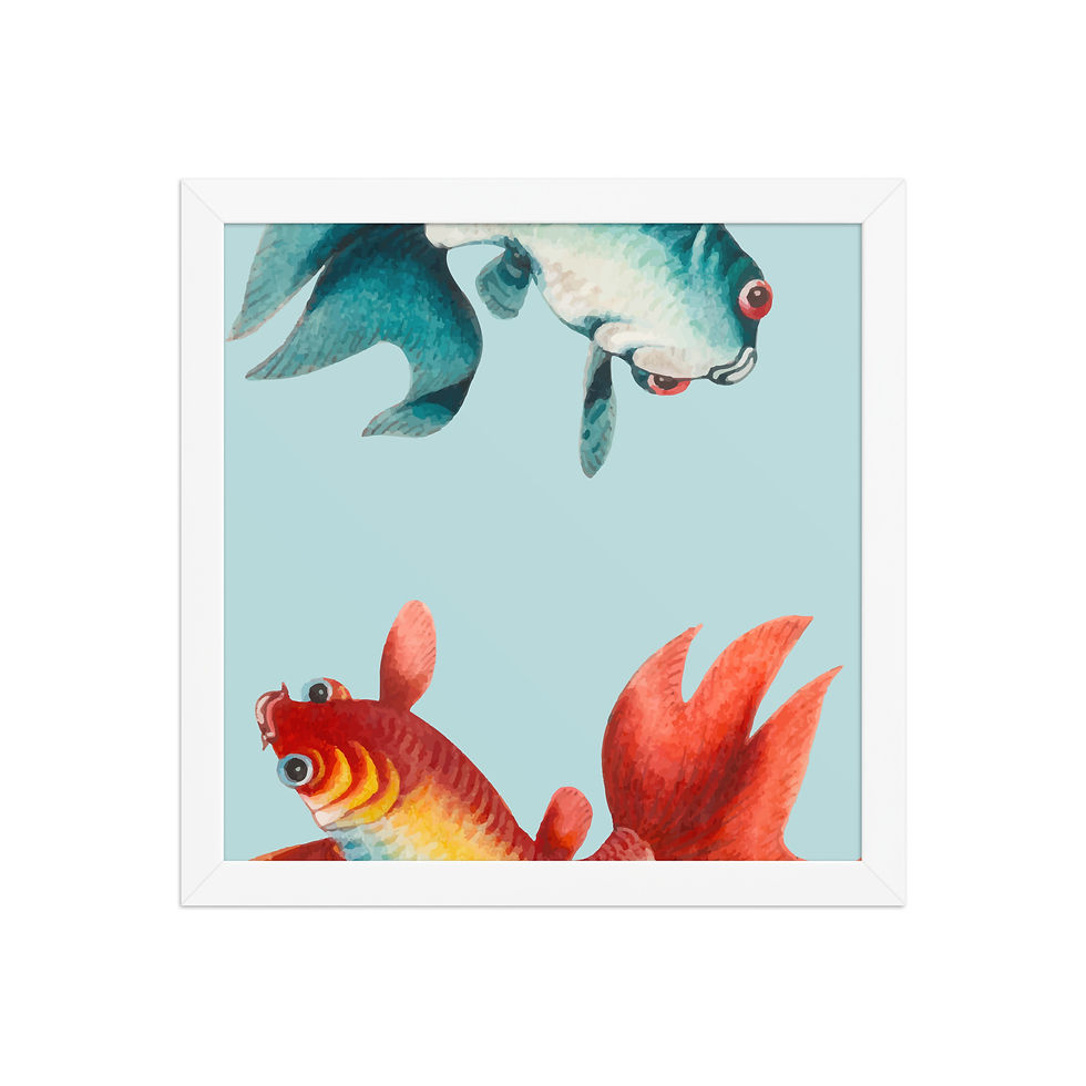 Thumbnail: Framed poster of two colorful fish on light blue background, featuring a blue and white fish and a red and orange fish.