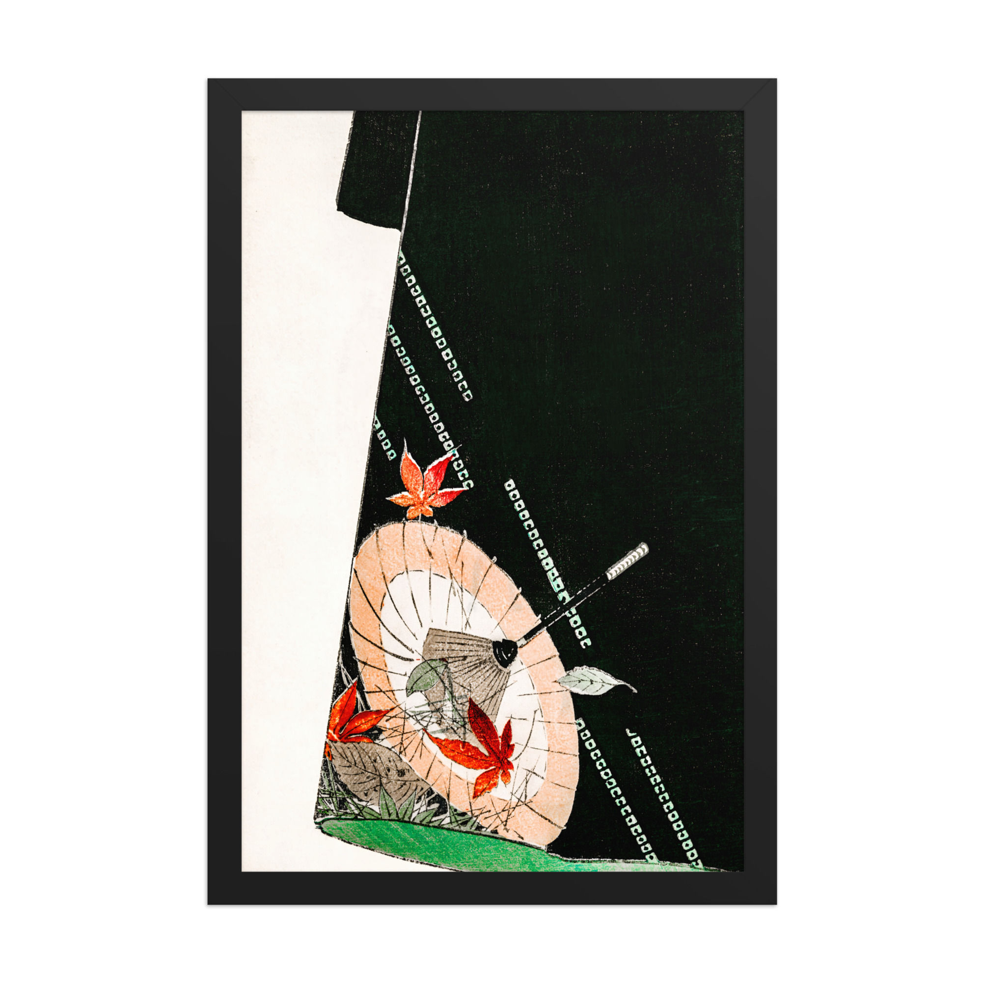 Autumn Umbrella and Maple Leaves on Black Kimono Hem – Shin Bijutsukai Print