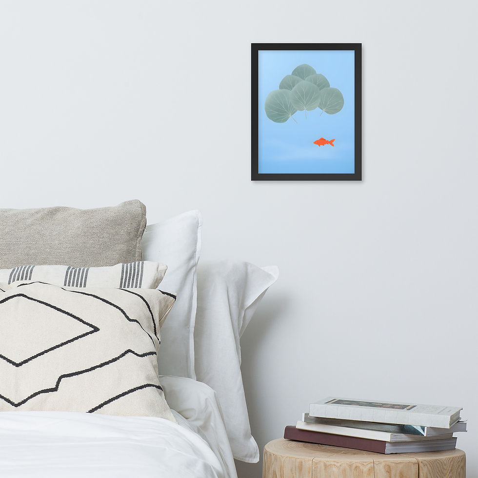 Thumbnail: Minimalist Fish and Pond Leaves Framed Nature Art Print