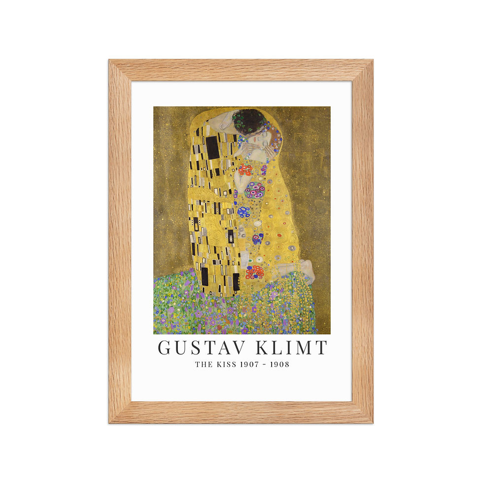 Gustav Klimt, The Kiss with a white border and typography. In black, brown and white frames. Wall Art