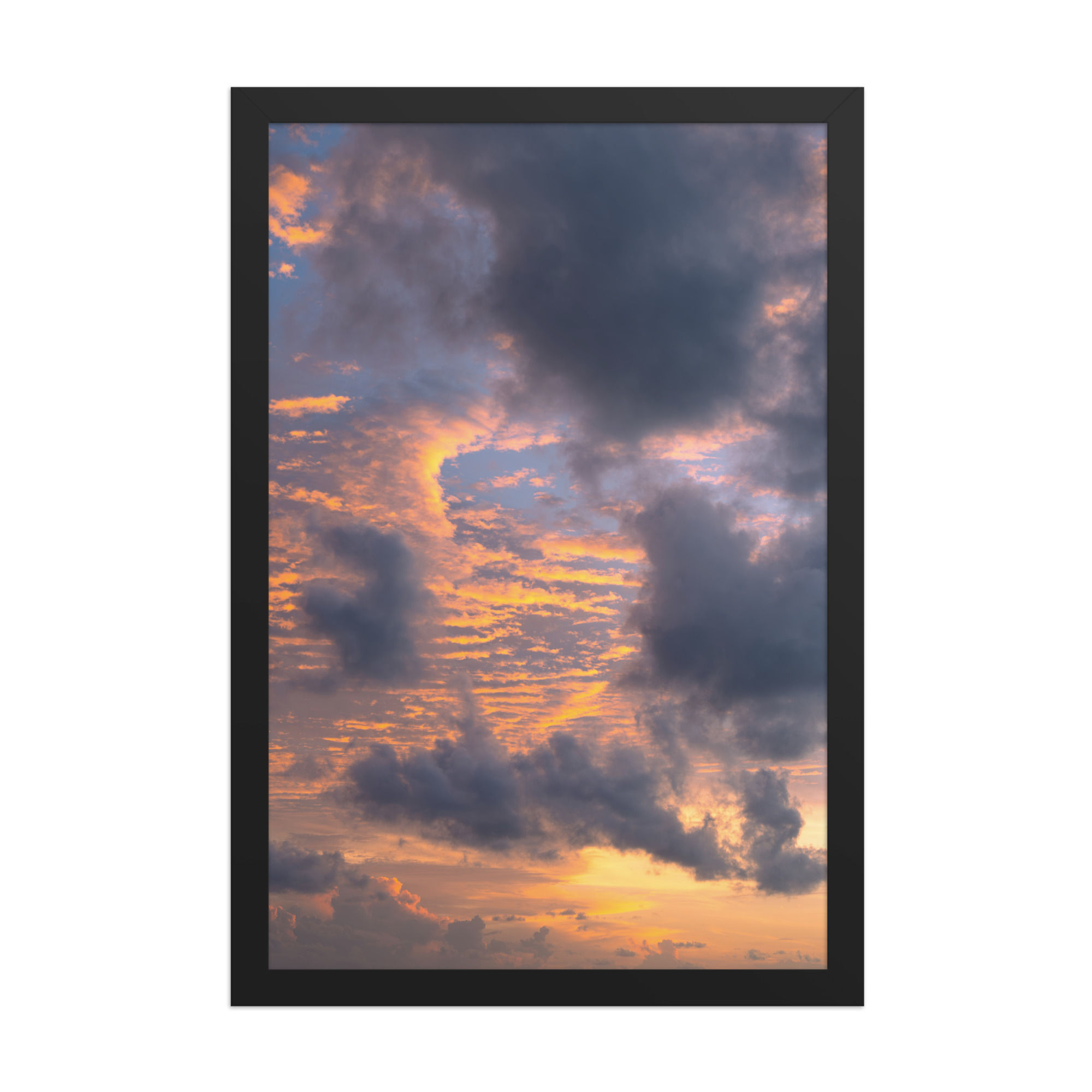 Framed art print of a dramatic twilight sky with orange and pink clouds, framed wall art, wall art, framed poster, framed wall art.