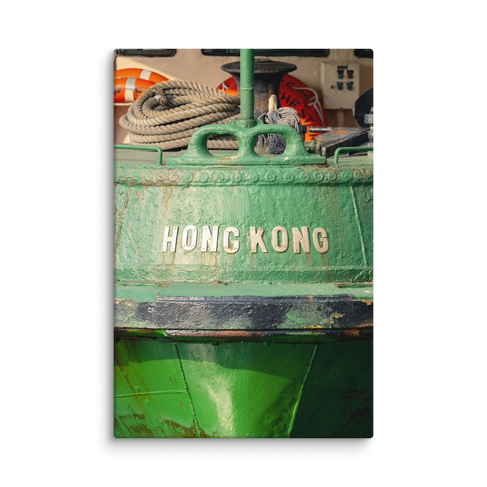 Green boat hull with "HONG KONG" text, rope, and lifebuoy, printed on canvas, framed art, wall art, framed wall art, framed poster.