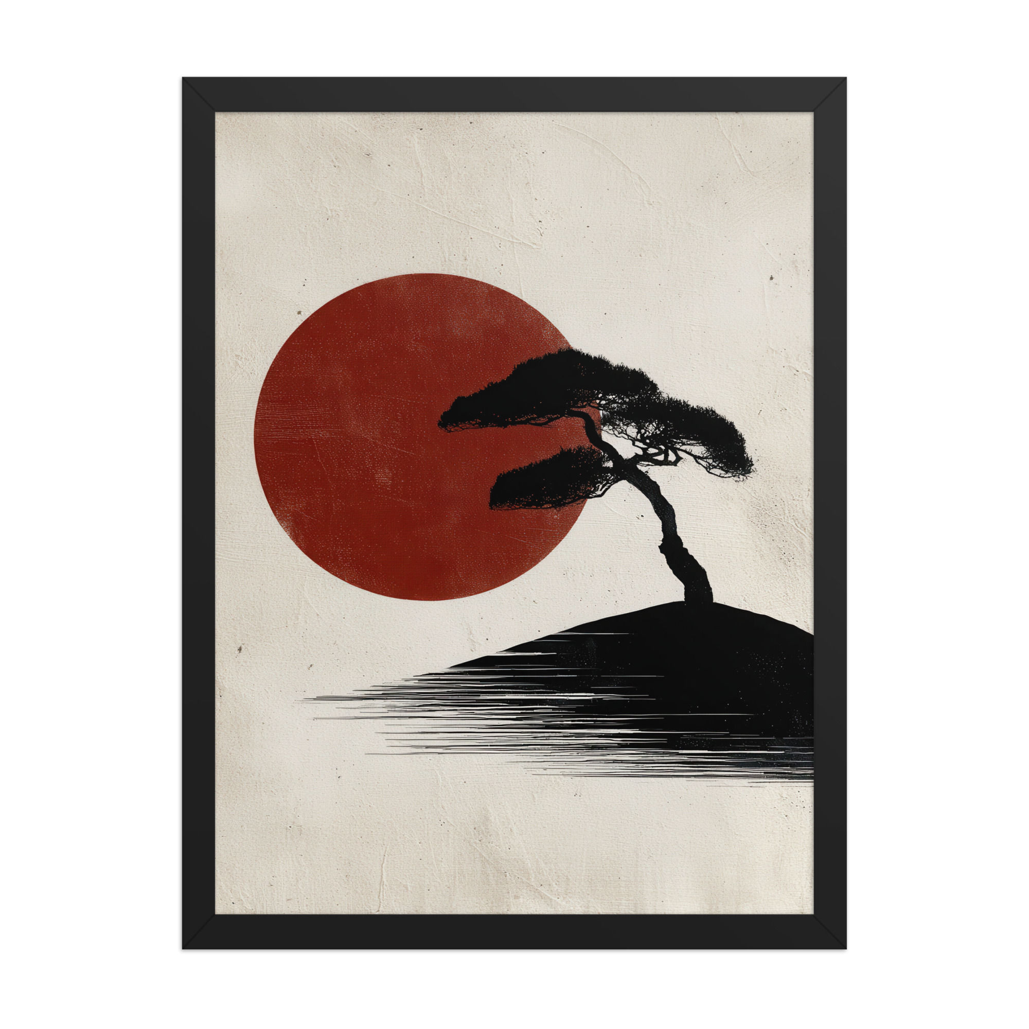 Japandi Bonsai Tree Silhouette with Red Sun Sumi-e Inspired
