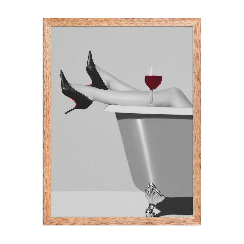 Thumbnail: Framed poster of a woman's legs in high heels and a wine glass in a bathtub, in a black matte frame.