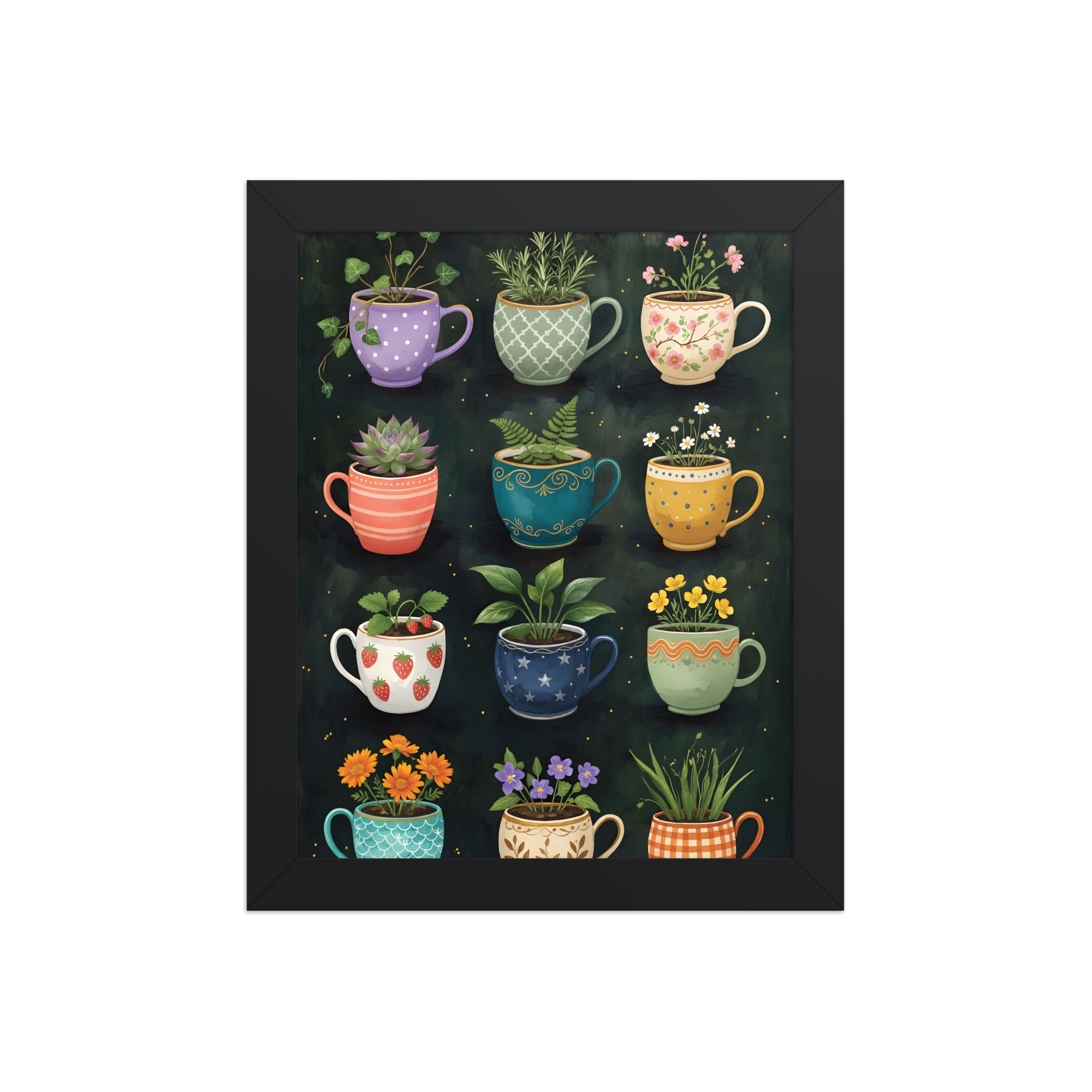Botanical Coffee Cups Framed Cottagecore Print