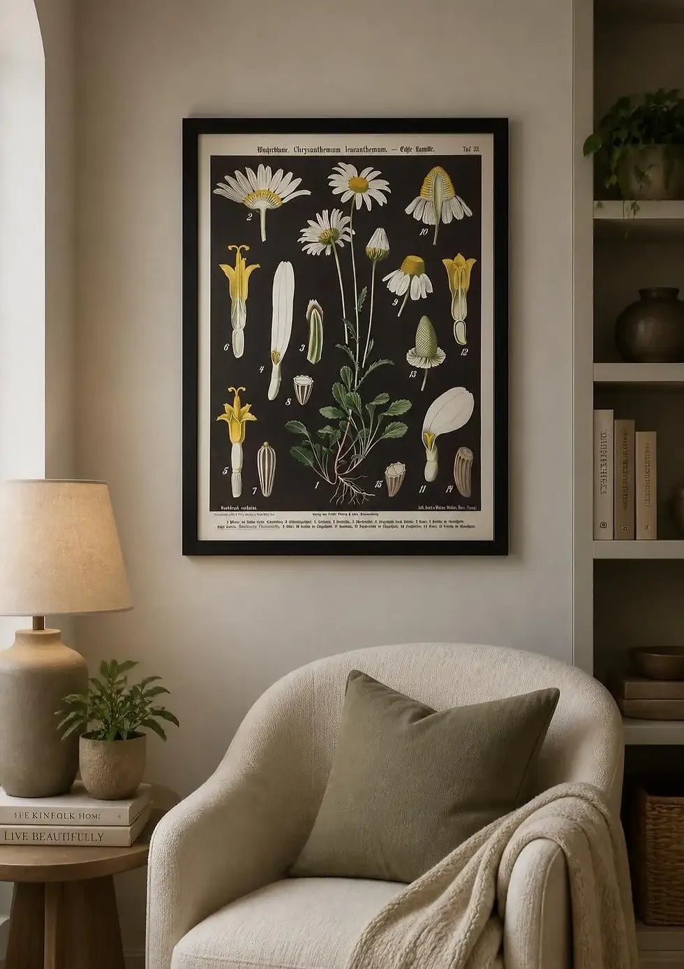 A black-framed vintage scientific chart detailing various stages of white daisies against a dark background, displayed on a wall next to a cozy lamp and a bookshelf.