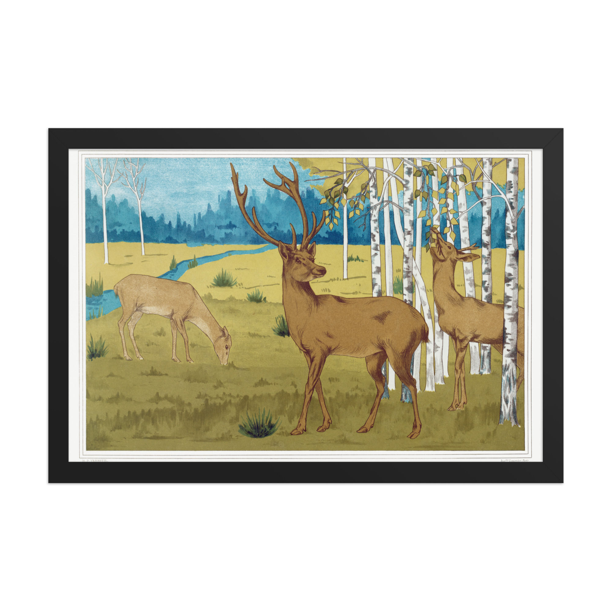 Framed poster with matte black wooden frame, featuring an illustration of three deer in a forest landscape with trees and stream.
