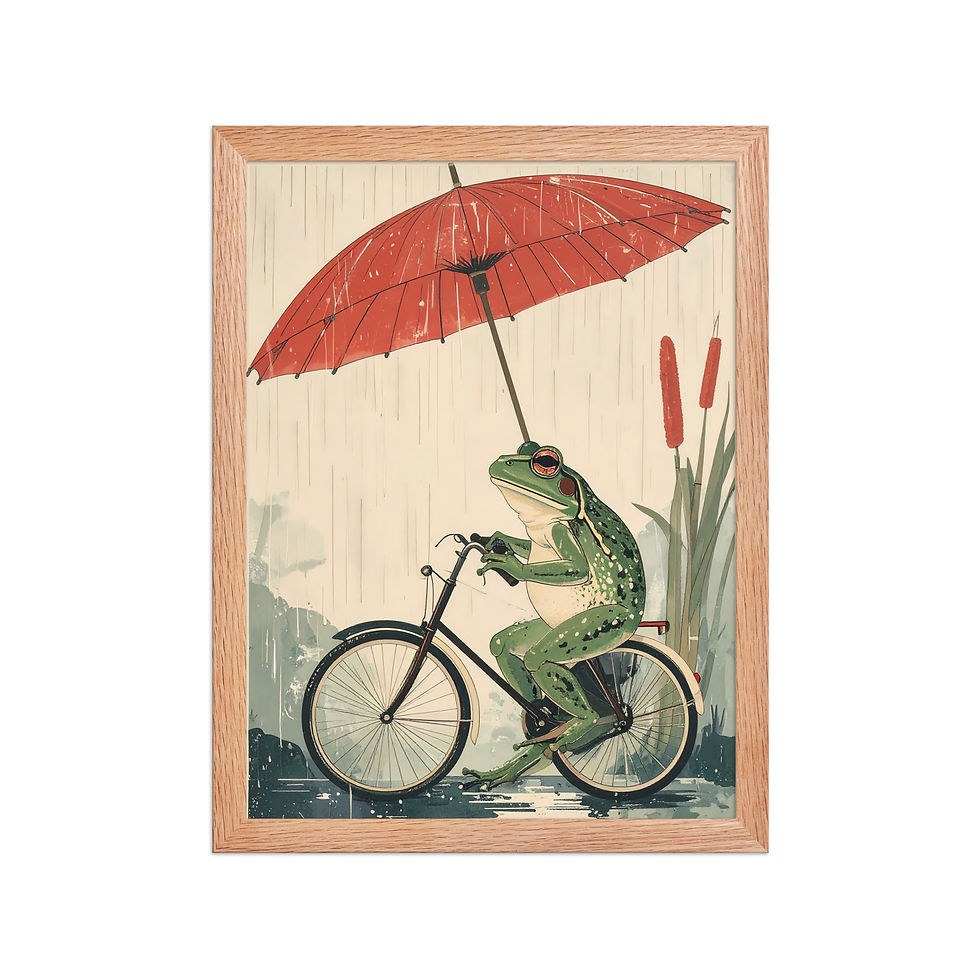 Thumbnail: Framed poster of a green Japanese Frog on a Bike with a red umbrella, in a black matte frame, for wall art decoration.