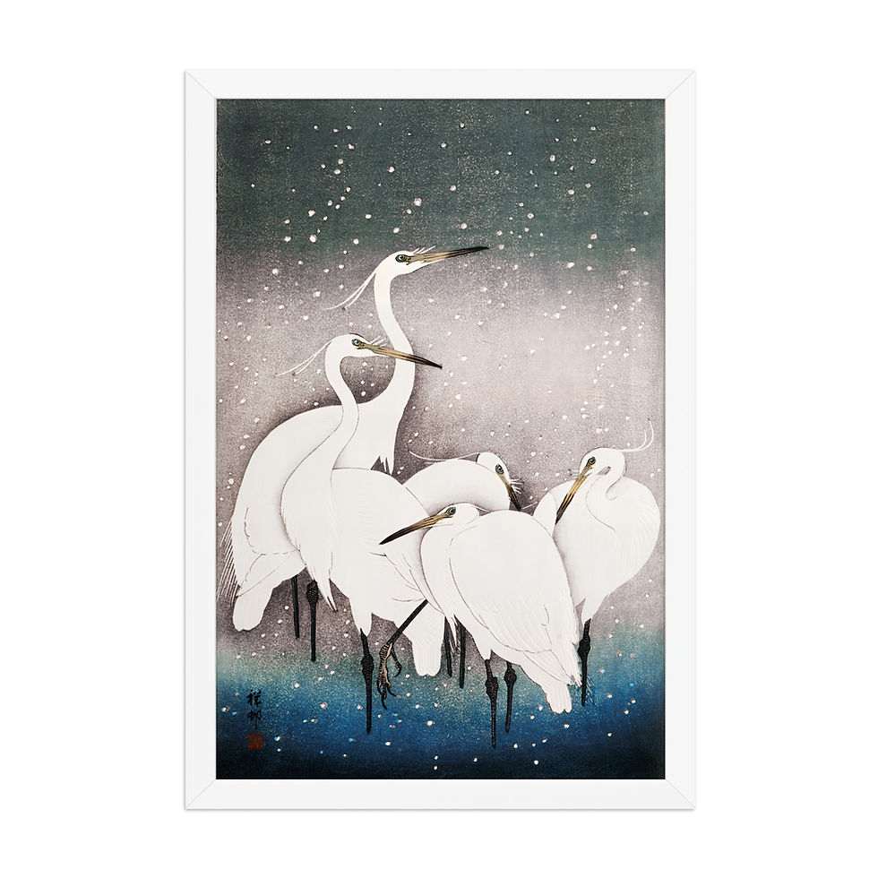 Thumbnail: Framed print of a Flock of Egrets in Falling Snow, a Koson Winter Group Print by Frameifi, featuring white egrets in a serene snowy scene.