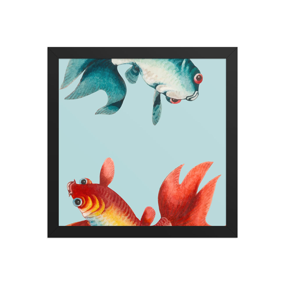 Thumbnail: Framed poster of two colorful fish on light blue background, featuring a blue and white fish and a red and orange fish.