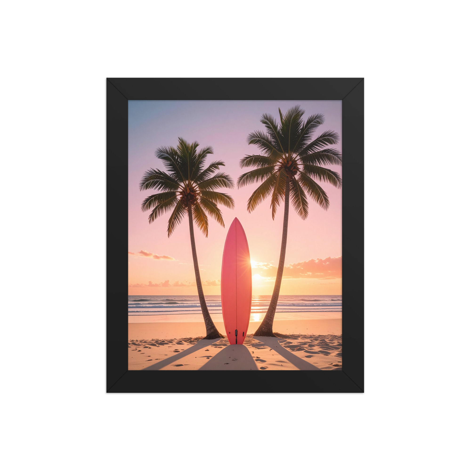 Sunset Palms and Board Framed Art | Tropical Beach Wall Decor with Surfboard