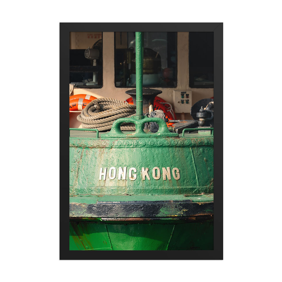 Framed poster of a green Hong Kong boat bow with rope and life preservers, in a black matte frame, for wall art decor.
