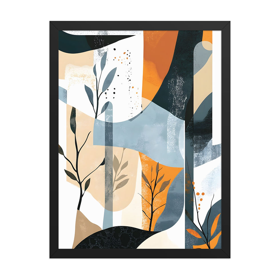 Thumbnail: Framed poster with abstract shapes and florals in orange, blue, and black hues, in a matte black frame, for wall art and framed art.