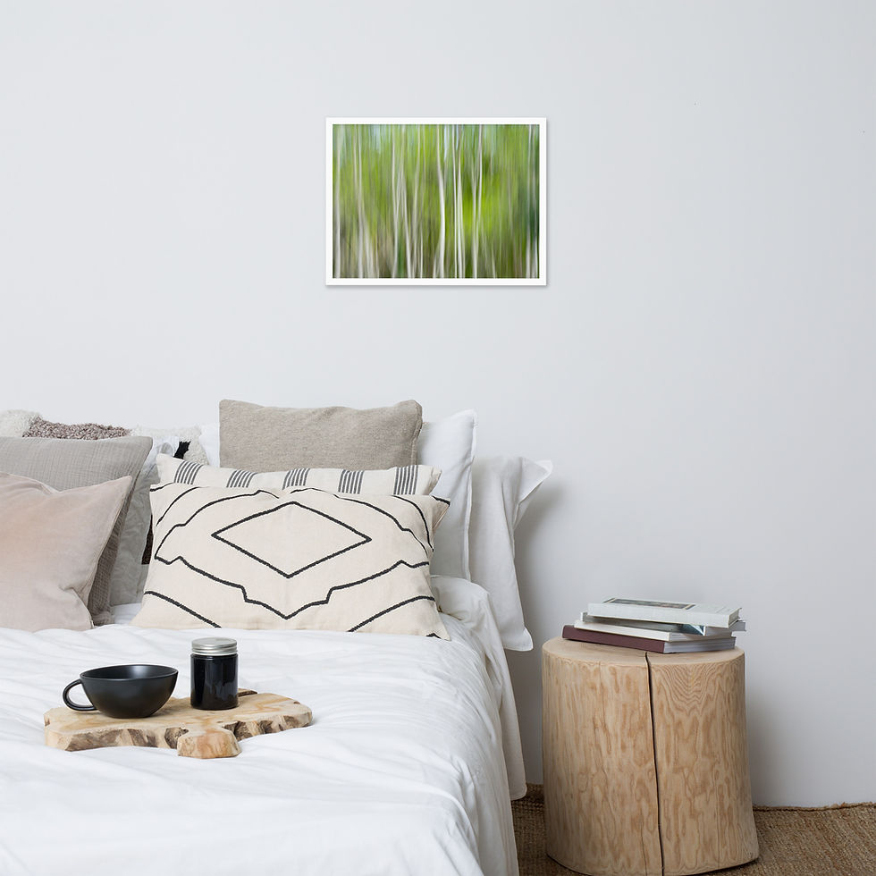 Thumbnail: Ethereal Forest Abstract Fine Art Photography Print by Frameifi, framed art depicting white tree trunks with a vibrant green backdrop, ideal framed wall art.