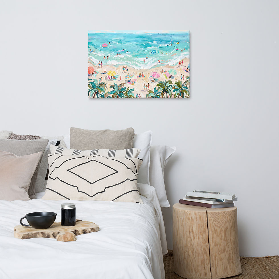 Thumbnail: Tropical beach scene canvas print by Frameifi, colorful umbrellas, playful beachgoers, turquoise waves, pastel pink, mint green, sunny yellow accents, framed art, wall art.