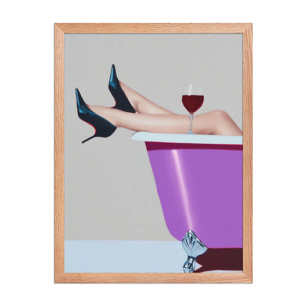 Thumbnail: Maximalist Art Print in matte black frame, purple bathtub and woman's legs with black heels and wine glass, framed wall art, framed poster.
