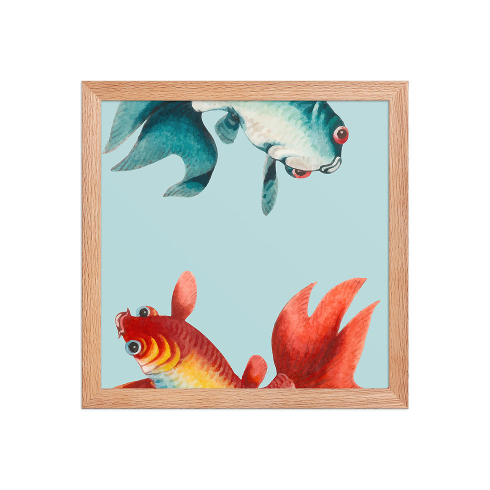 Thumbnail: Framed poster of two colorful fish on light blue background, featuring a blue and white fish and a red and orange fish.