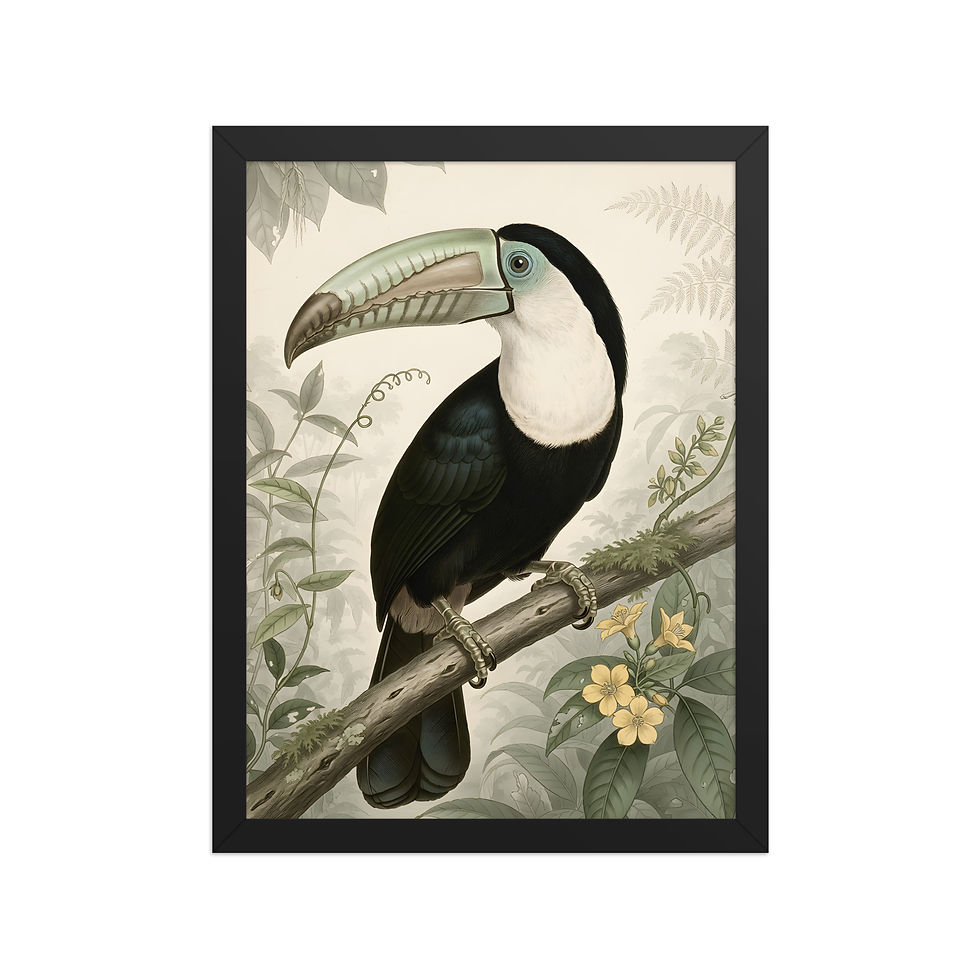 Thumbnail: Framed Toucan Undercanopy poster, Frameifi, framed wall art, colorful toucan perched on branch with lush foliage, sleek black framed art piece.