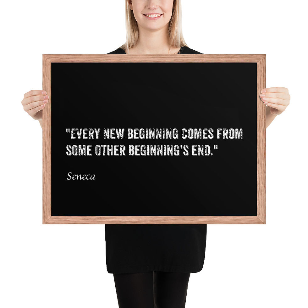 Thumbnail: Framed poster with white text on black background, Seneca quote, "Every new beginning comes from some other beginning's end," in matte black frame.