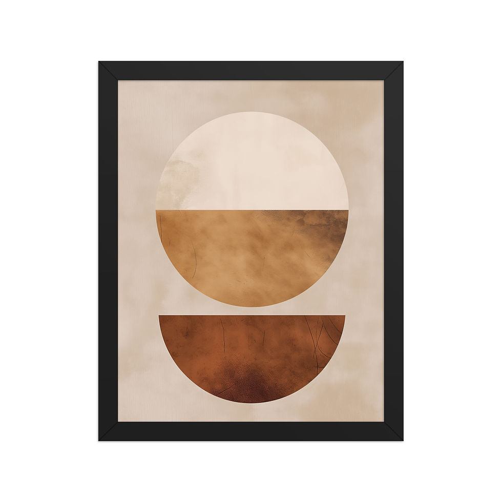 Thumbnail: Framed abstract boho wall art with warm gold, terracotta, and ivory tones, featuring lunar and solar symbolism, in a black frame.