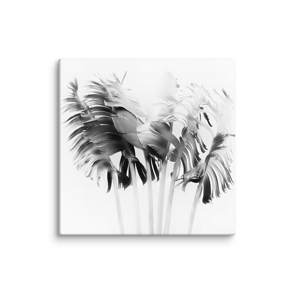 Black and white palm fronds on a canvas, framed art, wall art, framed wall art, framed poster, minimalist monochrome botanical print.