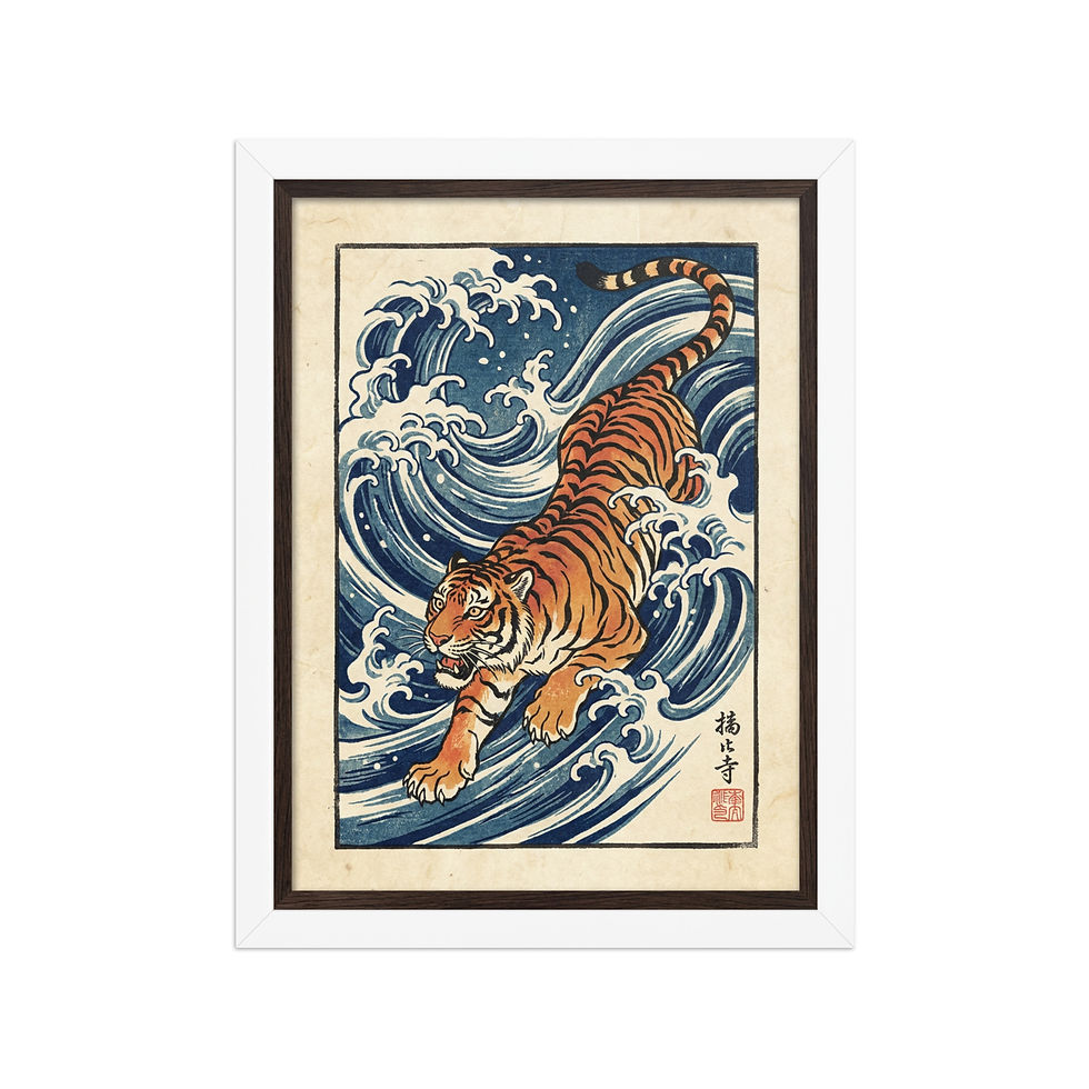 Thumbnail: Japanese Tiger framed poster, vibrant orange tiger with black stripes on blue waves, in a matte black frame, framed art, wall art, framed wall art.