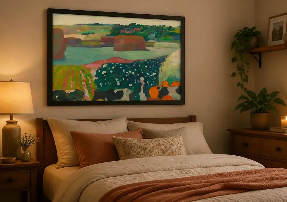 Framed art print of Gauguin Harvest Meadow, framed poster featuring a serene landscape with rounded haystacks and grazing cows in a black frame.