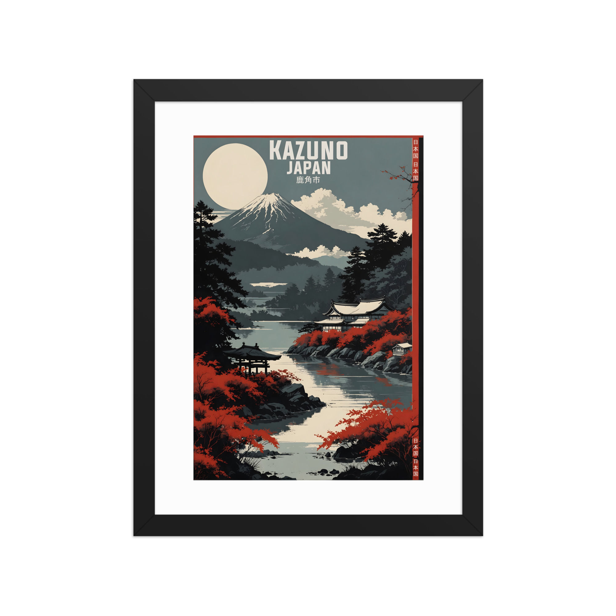 Kazuno Japan travel poster in a black frame, featuring a serene landscape with mountain, river, and temple, perfect for framed wall art and home decor.