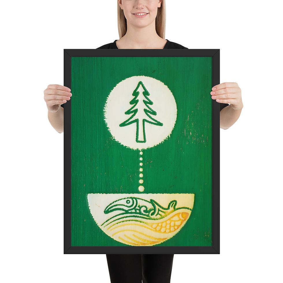 Thumbnail: Framed folk wall art, Nature's Connection, by Frameifi, featuring a pine tree and semicircular design in earthy tones, framed poster.