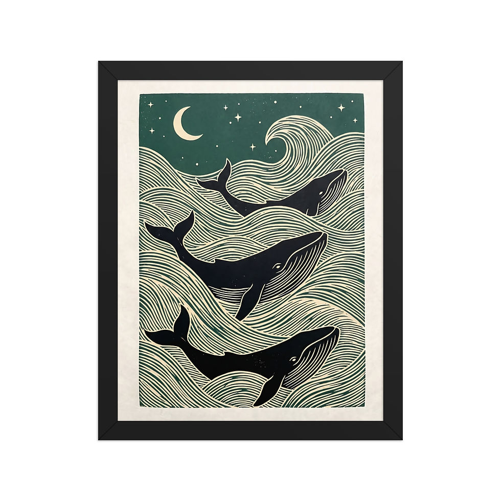 Minimalist Whale Art framed poster with matte black wooden frame, featuring three whales on green wave design with moon and stars.