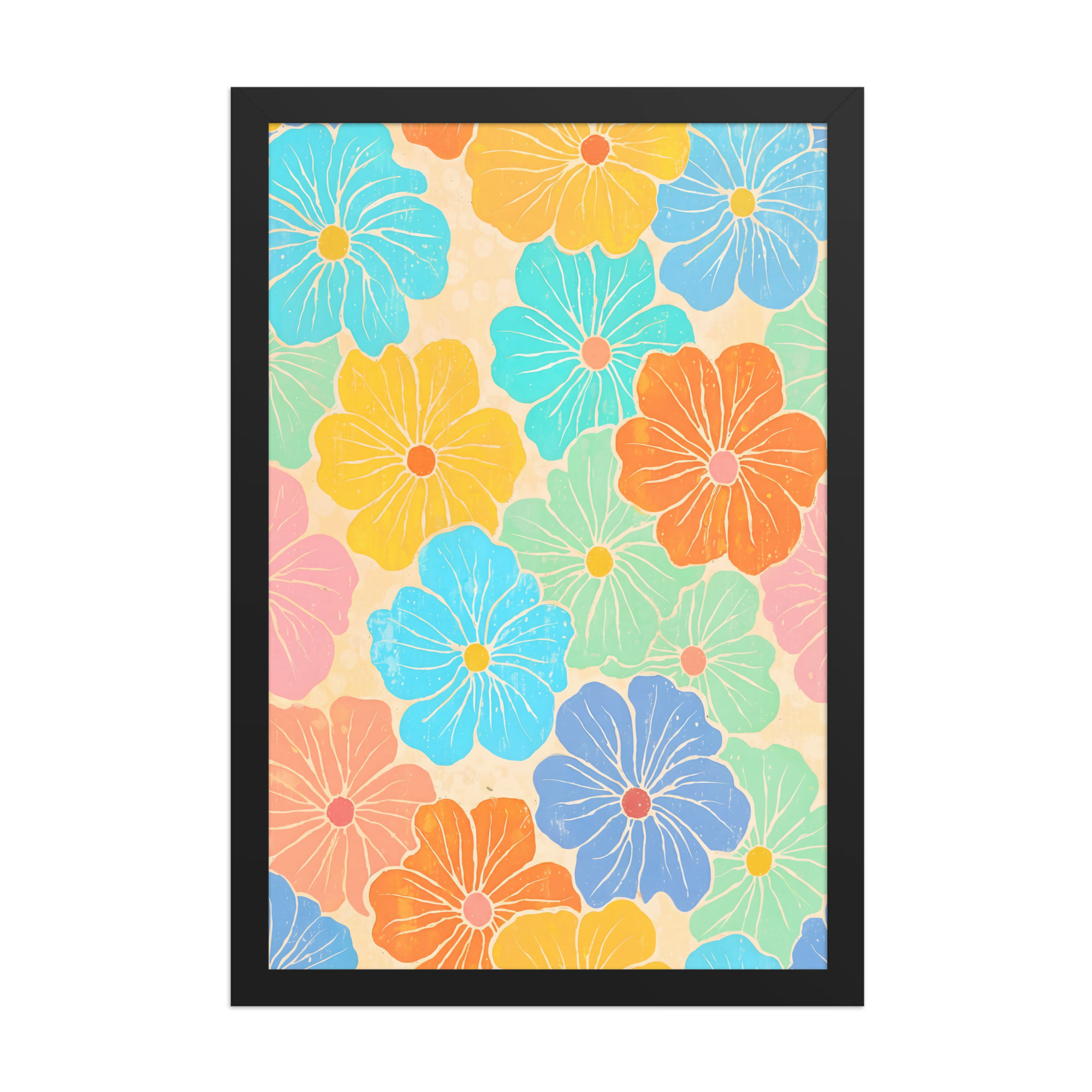 Sunburst Blooms — Retro Floral Framed Mega Print