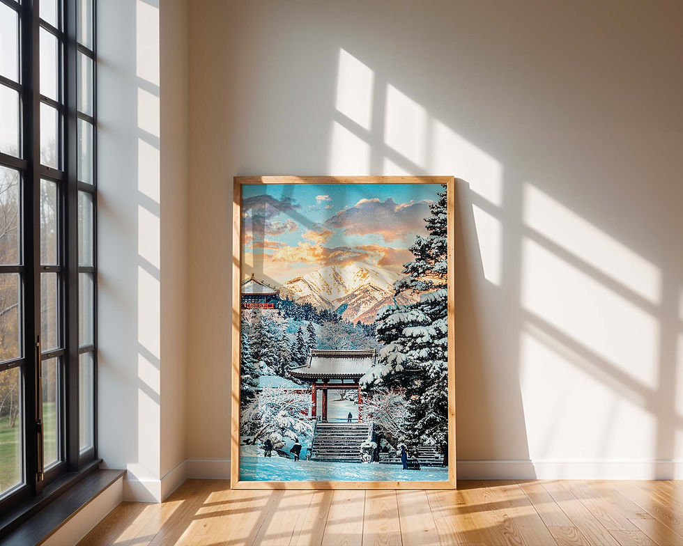 Framed snowy mountain artwork leans against a sunlit wall. The scene shows a winter landscape with trees, a pagoda, and a colorful sky.