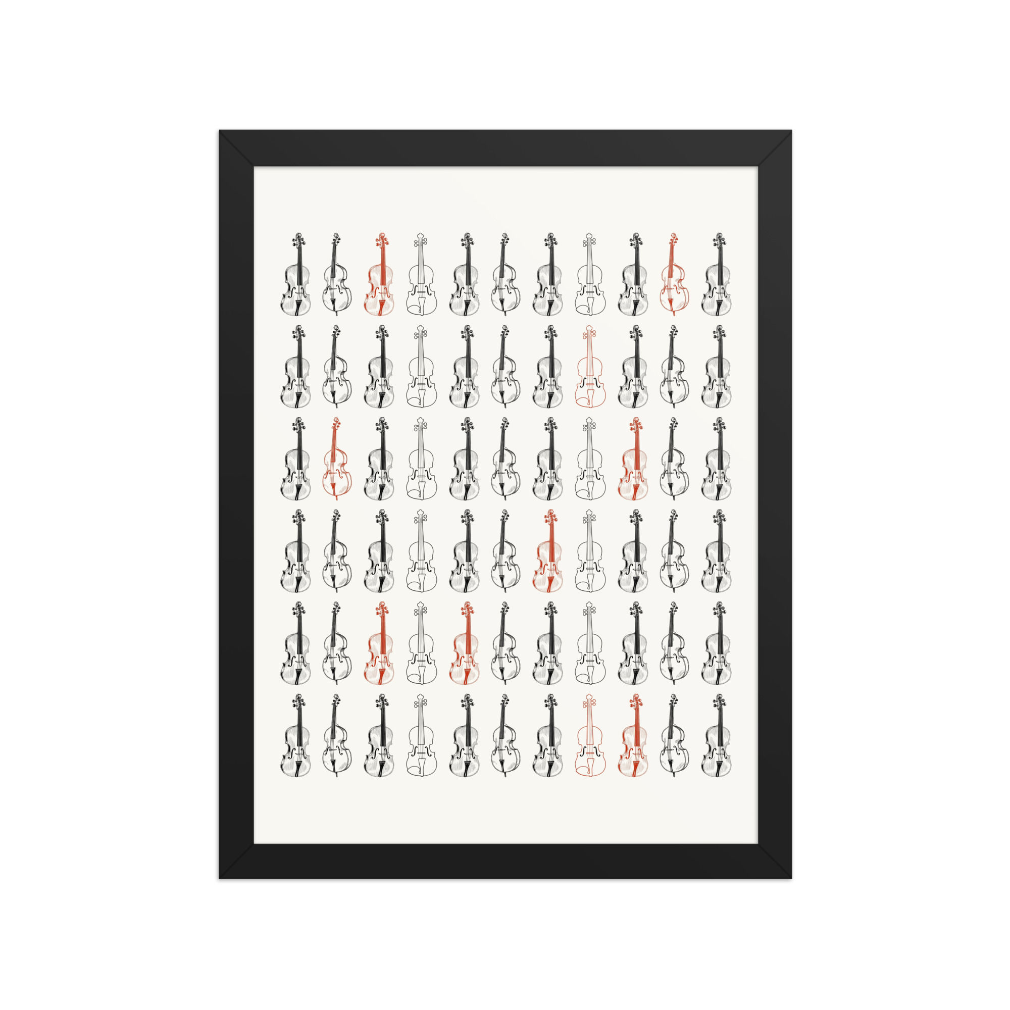 Framed art print featuring elegant musical instruments, predominantly violins in black, red, and white hues on a white background with a matte black frame.