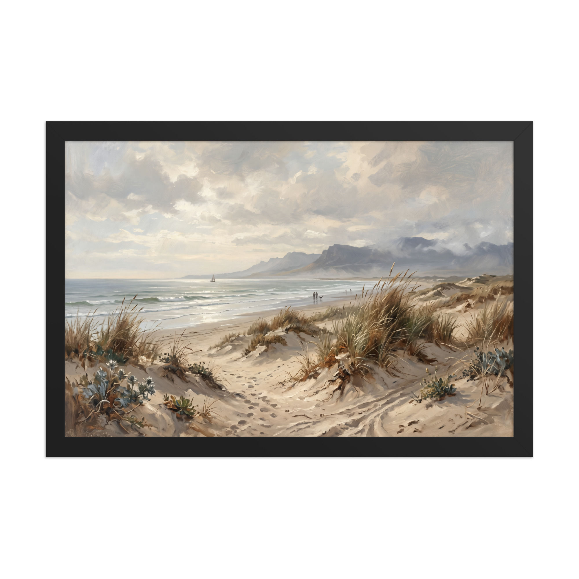 Tranquil Coastal Landscape with Dunes and Sailboat
