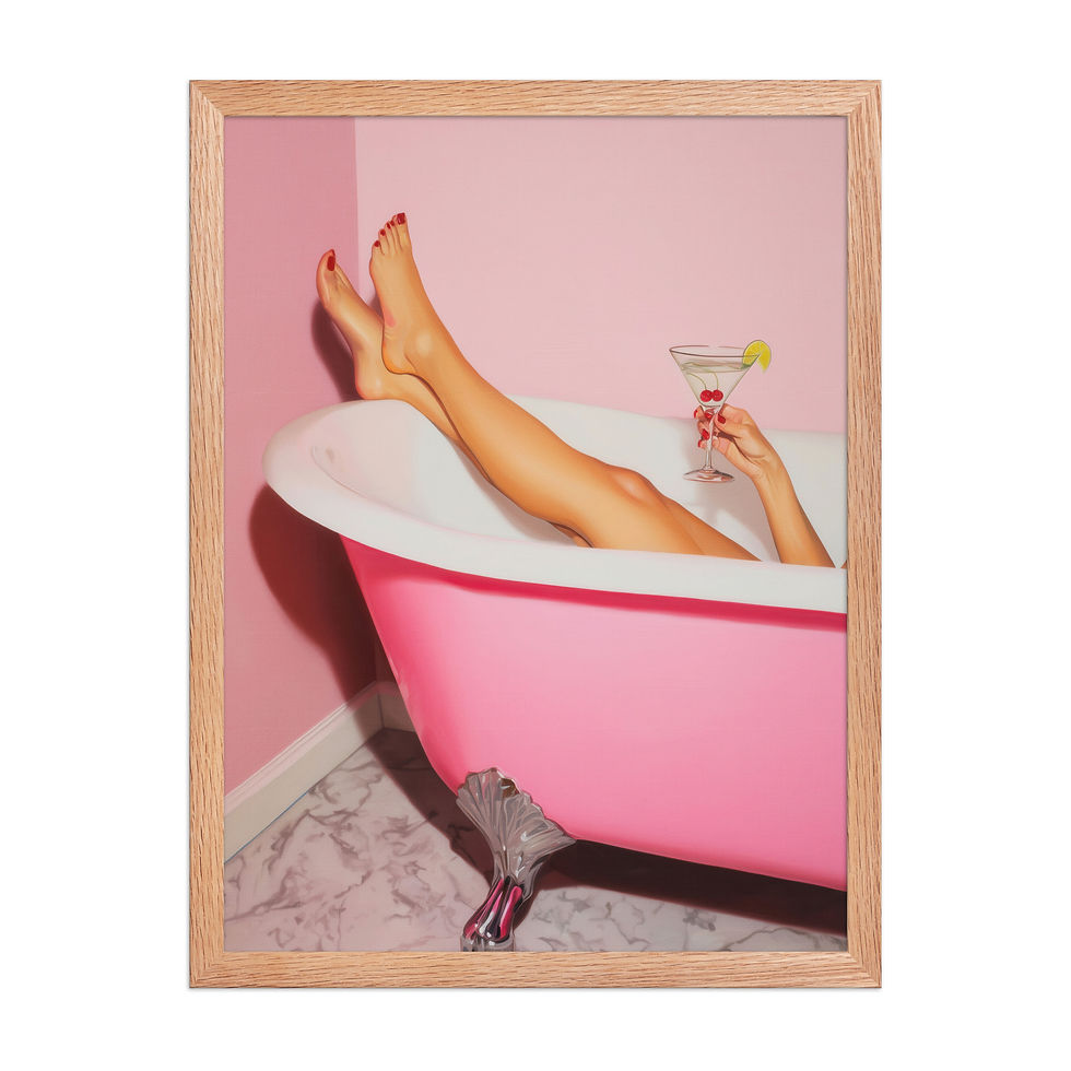 Thumbnail: Framed poster of a woman relaxing in pink bathtub with a cocktail, surrounded by black frame, ideal for bathroom wall art and framed art.