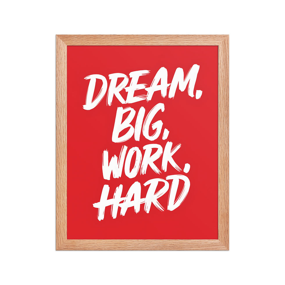 Thumbnail: Framed poster with "Dream Big Work Hard" in white on red background, black matte frame, ideal for framed wall art and motivational framed art.