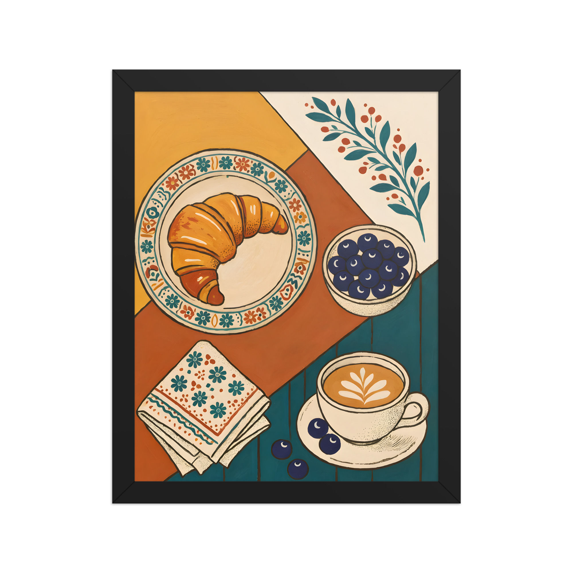 Framed art of a European breakfast setting with croissant, blueberries, and coffee in a black frame, ideal framed wall art for cafes.