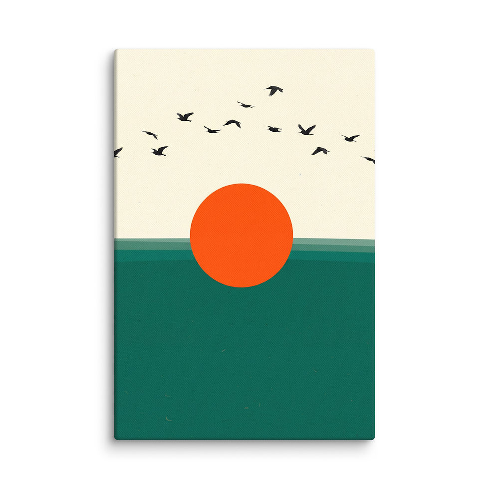Thumbnail: Framed wall art featuring a minimalist sunset canvas with black silhouetted birds, orange sun, and teal horizon, from Frameifi.