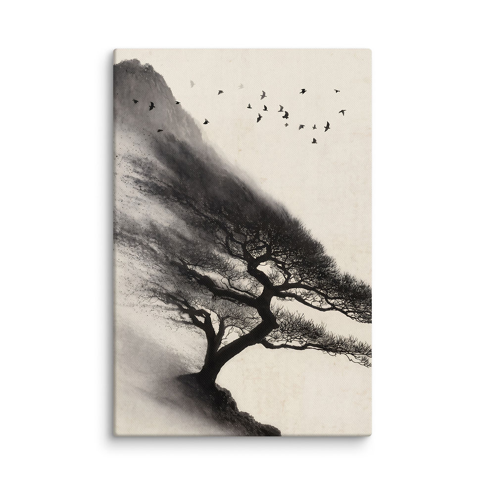 Thumbnail: Windswept Tree Canvas – Ink Wash Mountain Landscape Art